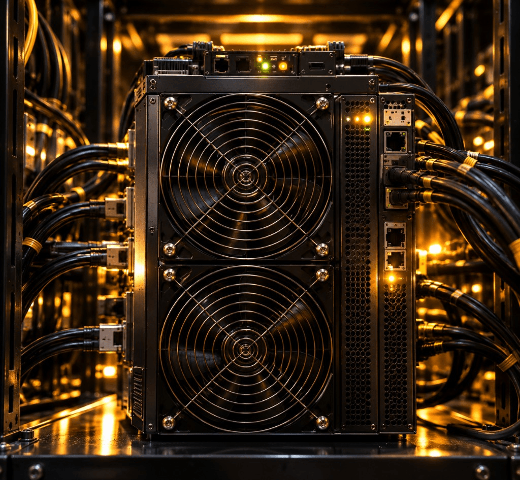 ASIC miner with two vertical fans, connected by cables in a rack